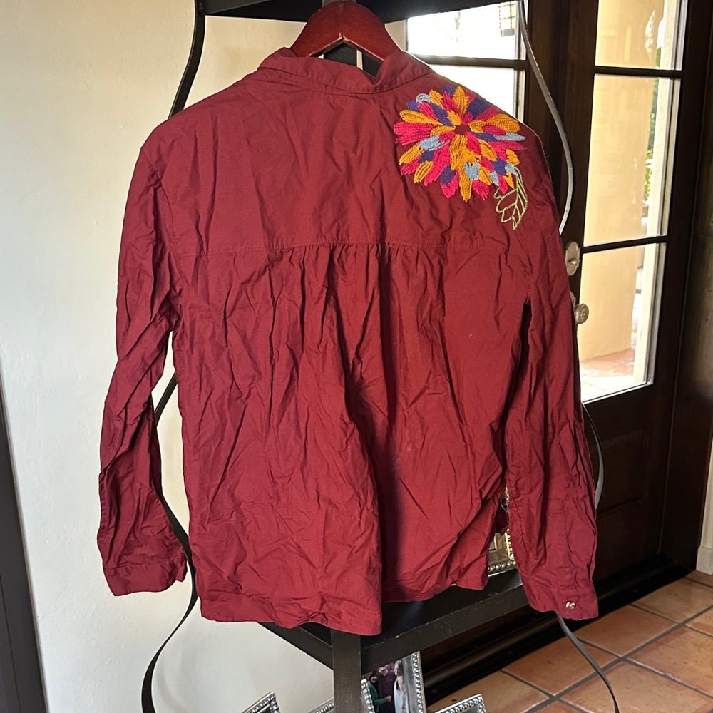 Anthropologie- Embroidered Maroon Button-Up Shirt - Picture 2 of 3